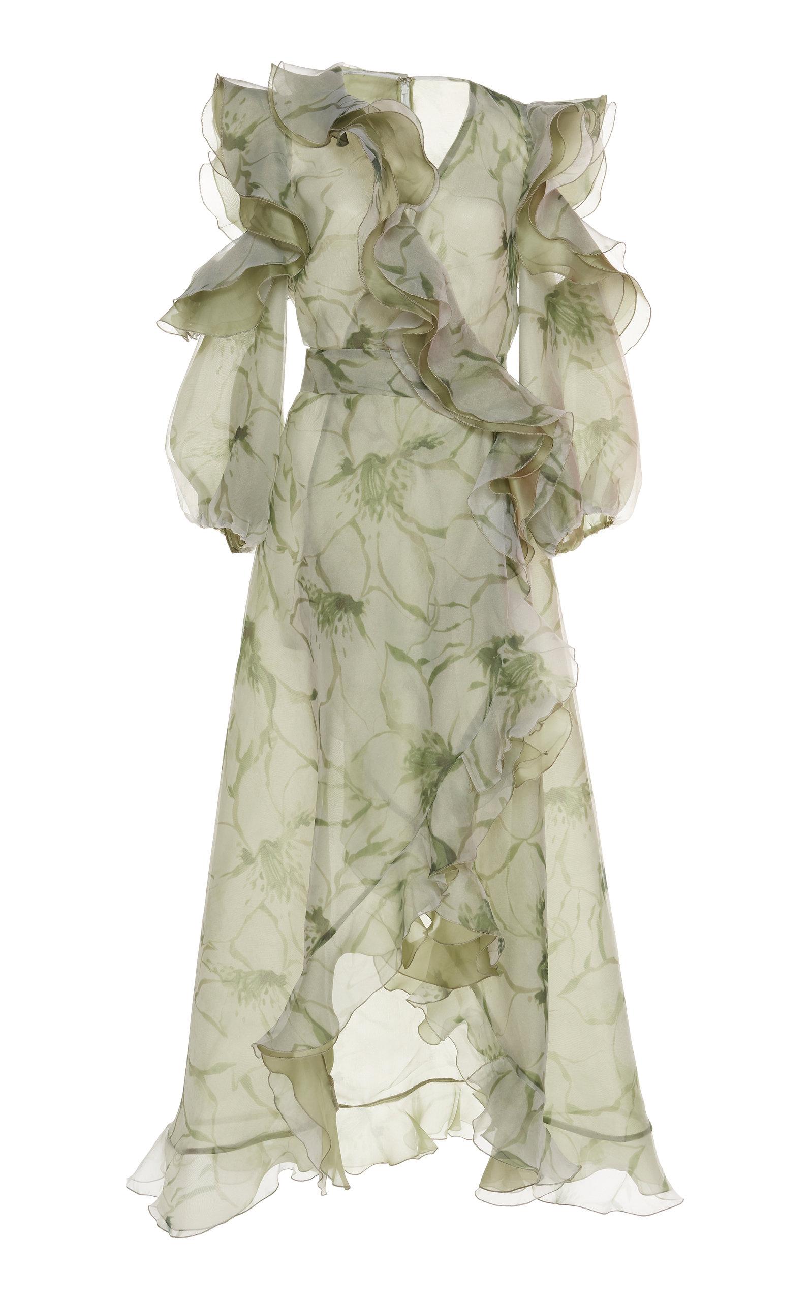 Costarellos Ruffled Printed Organza Wrap Dress In Green | ModeSens